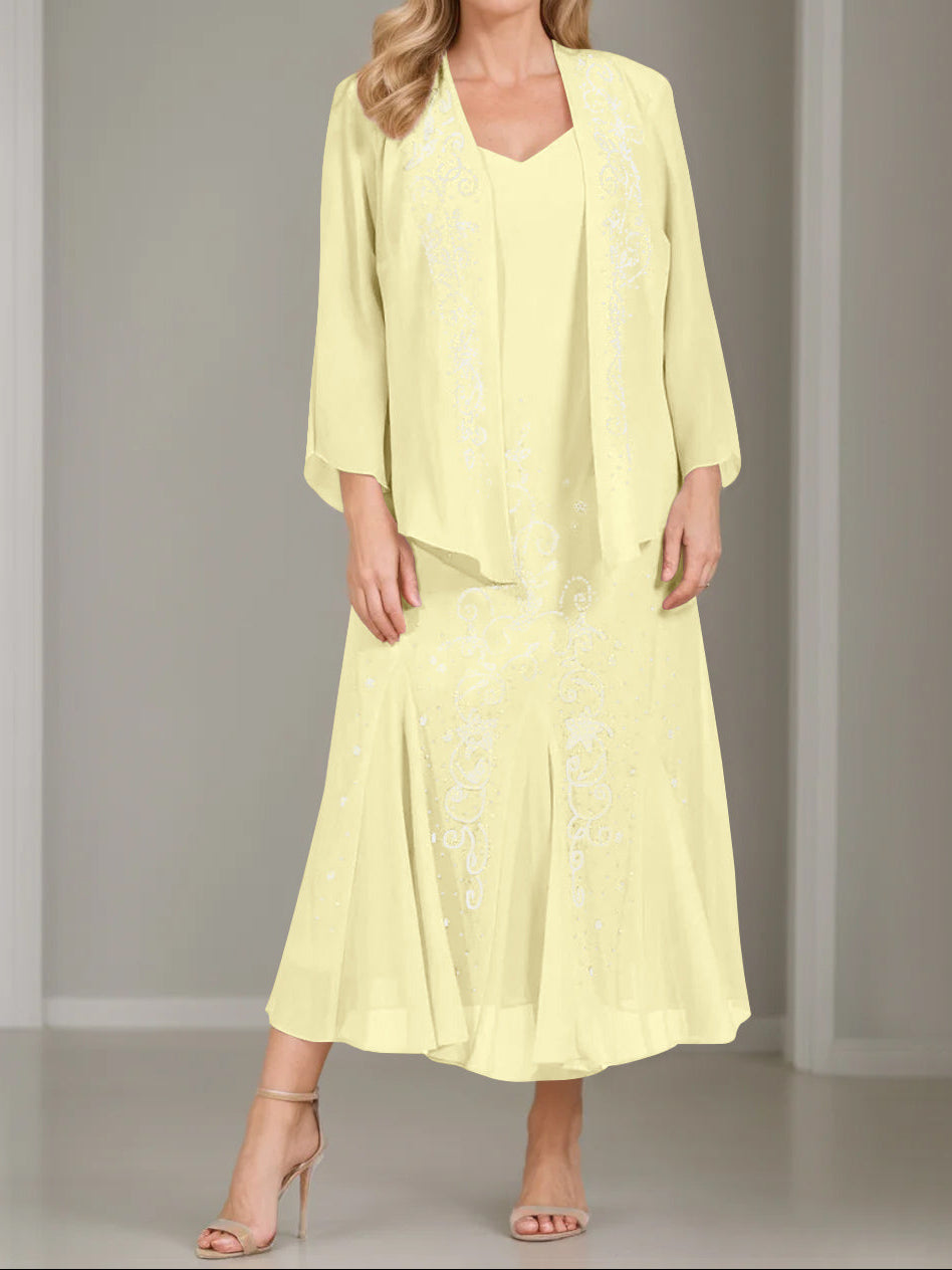A-Line/Princess 2 Pieces V-Neck Tea-Length Plus Size Mother of the Bride Dresses with Jacket & Sequins