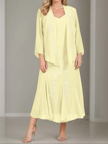 A-Line/Princess 2 Pieces V-Neck Tea-Length Plus Size Mother of the Bride Dresses with Jacket & Sequins
