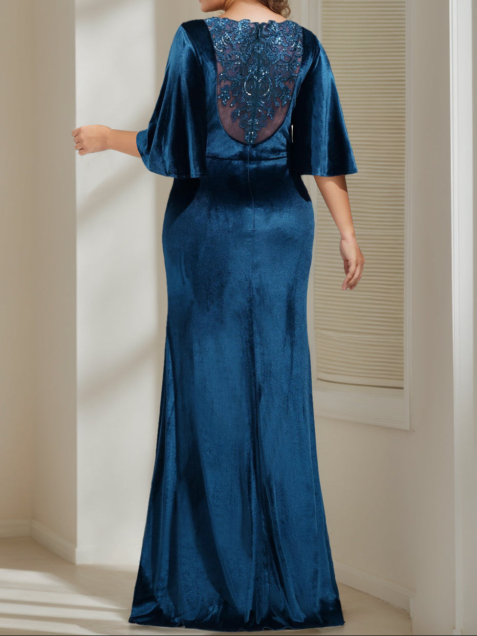 Sheath/Column Scoop Neck Half Sleeves Floor-Length Plus Size Velvet Mother of the Bride Dresses with Beading, Appliques & Sequins