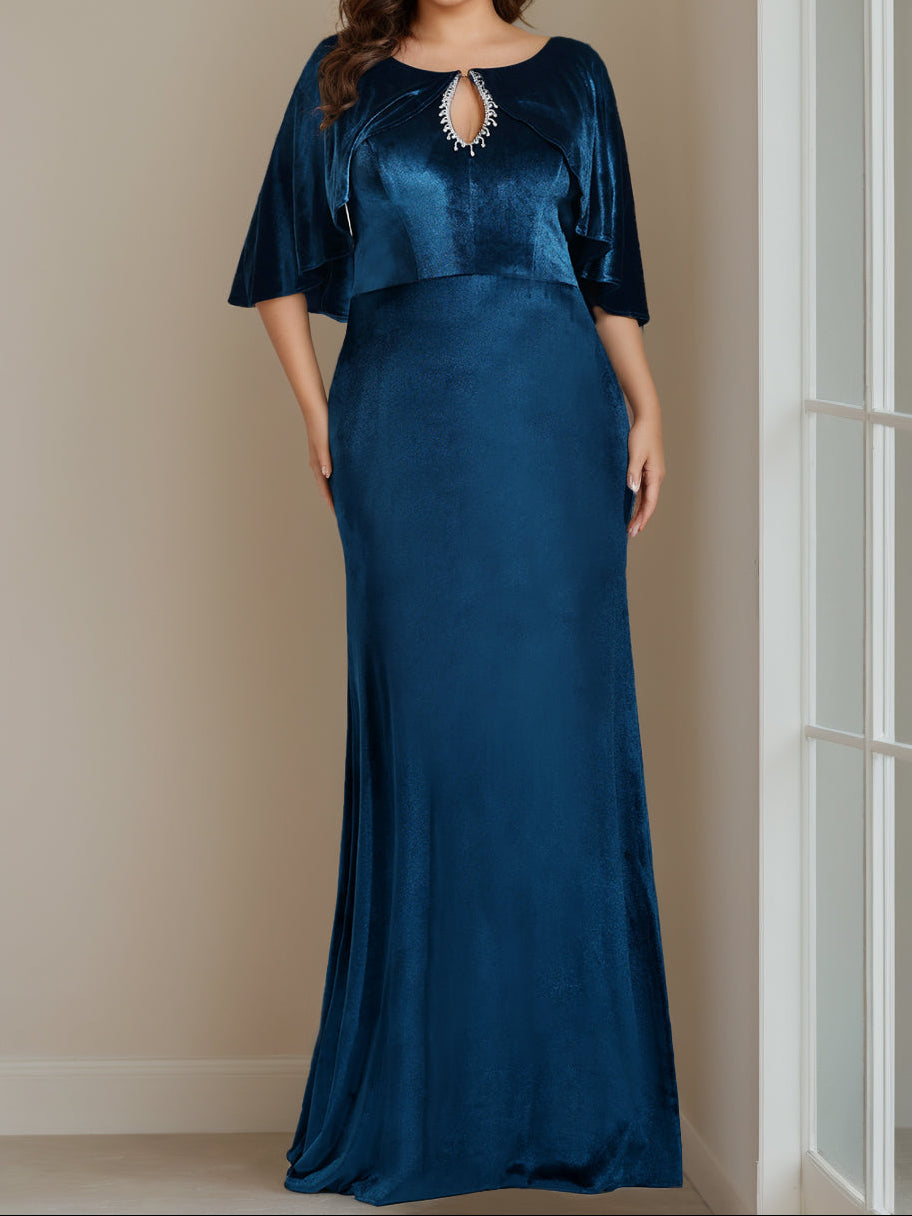 Sheath/Column Scoop Neck Half Sleeves Floor-Length Plus Size Velvet Mother of the Bride Dresses with Beading, Appliques & Sequins