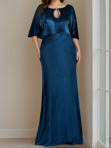 Sheath/Column Scoop Neck Half Sleeves Floor-Length Plus Size Velvet Mother of the Bride Dresses with Beading, Appliques & Sequins
