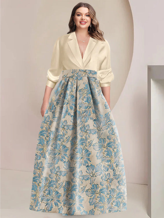 A-Line/Princess Shirt Collar 3/4 Sleeves Printed Flower Plus Size Mother of the Bride & Groom Dresses