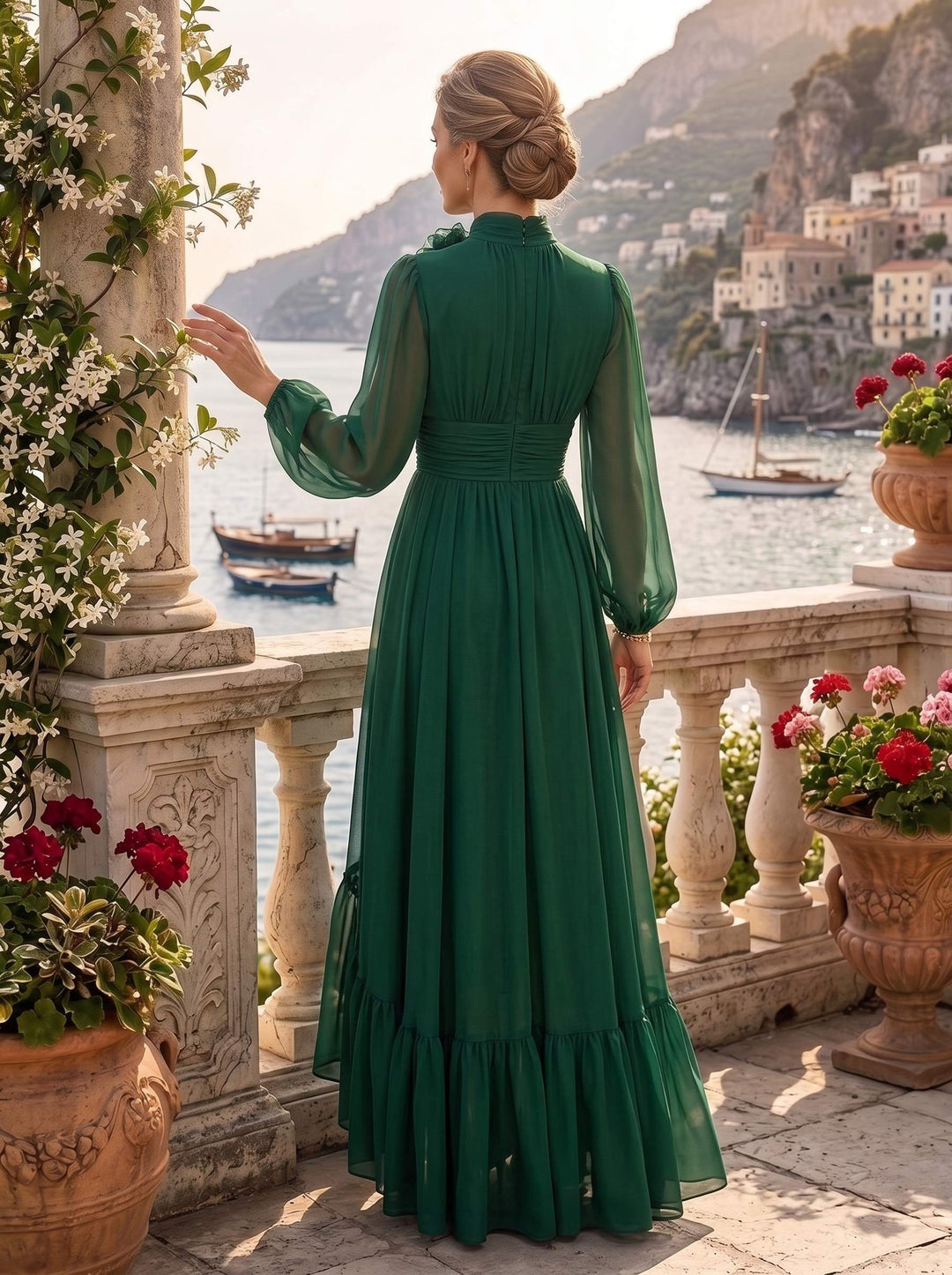 A-Line/Princess Jewel Neck Long Sleeves Asymmetrical Mother of the Bride Dresses with Flower & Ruffles