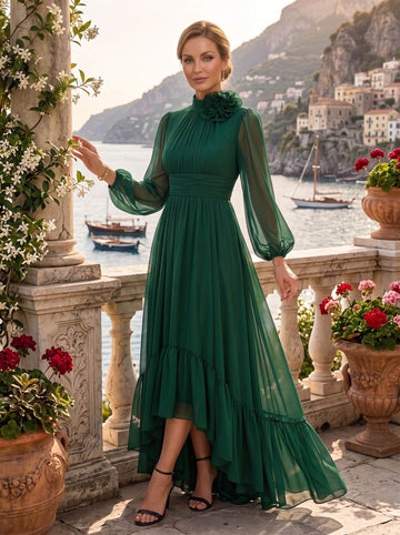 A-Line/Princess Jewel Neck Long Sleeves Asymmetrical Mother of the Bride Dresses with Flower & Ruffles