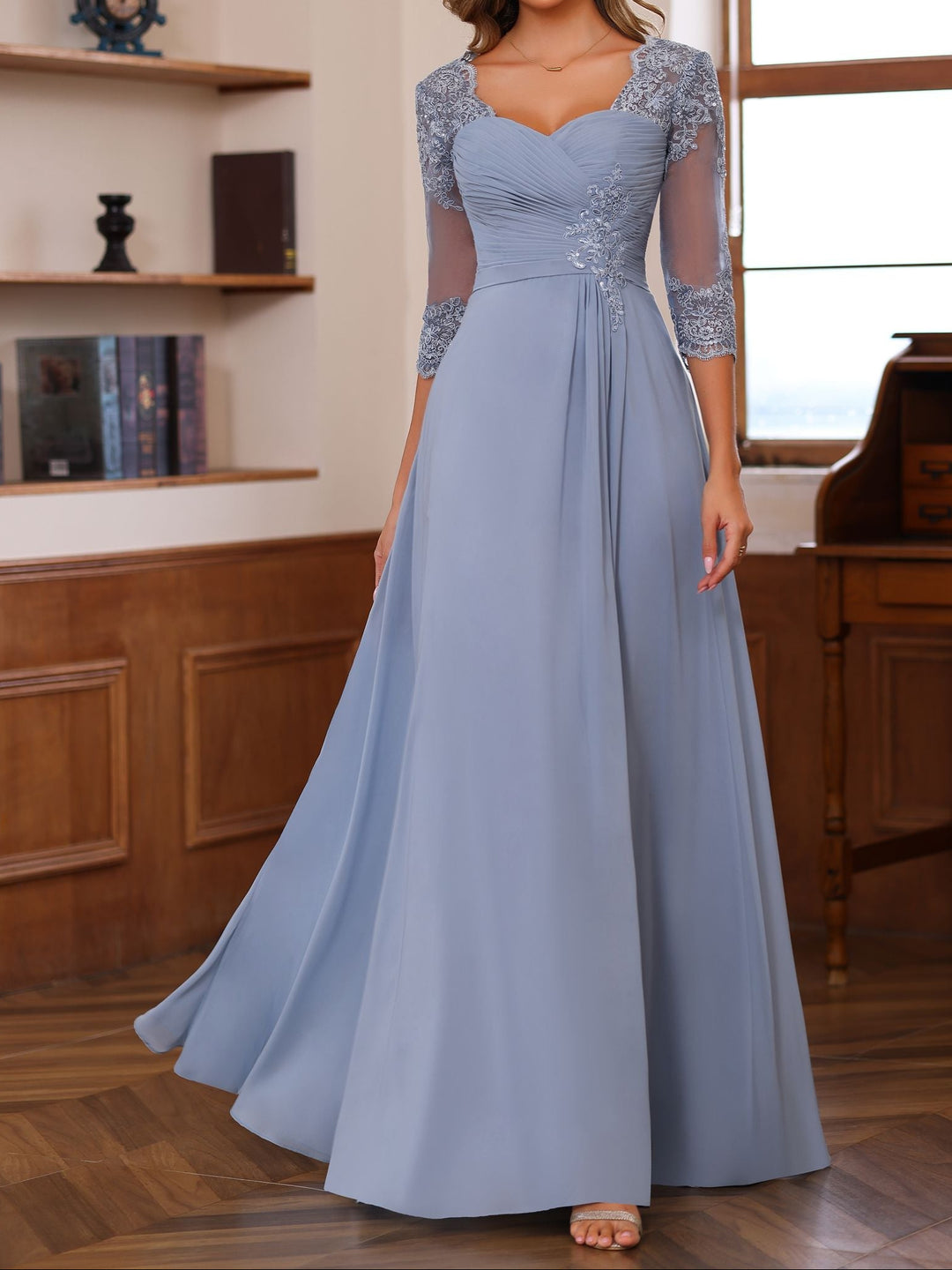 A-Line/Princess Sweetheart Neck 3/4 Length Sleeves Floor-Length Mother Of The Bride Dresses With Lace, Ruffles & Appliques