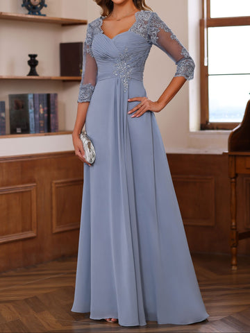 A-Line/Princess Sweetheart Neck 3/4 Length Sleeves Floor-Length Mother Of The Bride Dresses With Lace, Ruffles & Appliques