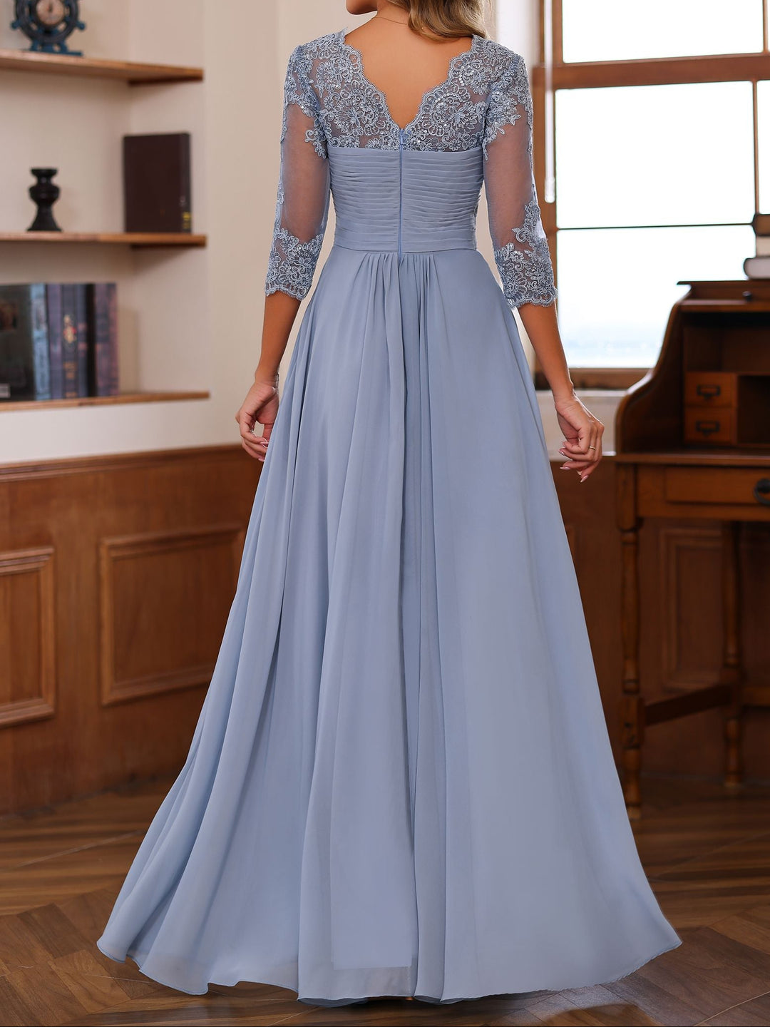 A-Line/Princess Sweetheart Neck 3/4 Length Sleeves Floor-Length Mother Of The Bride Dresses With Lace, Ruffles & Appliques