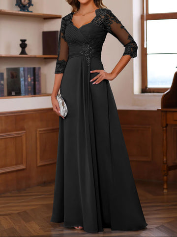 A-Line/Princess Sweetheart Neck 3/4 Length Sleeves Floor-Length Mother Of The Bride Dresses With Lace, Ruffles & Appliques