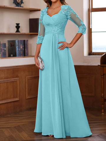 A-Line/Princess Sweetheart Neck 3/4 Length Sleeves Floor-Length Mother Of The Bride Dresses With Lace, Ruffles & Appliques
