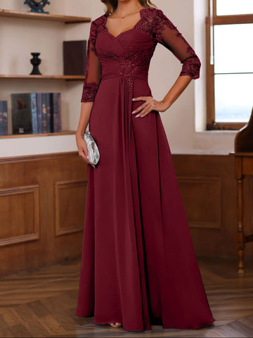 A-Line/Princess Sweetheart Neck 3/4 Length Sleeves Floor-Length Mother Of The Bride Dresses With Lace, Ruffles & Appliques