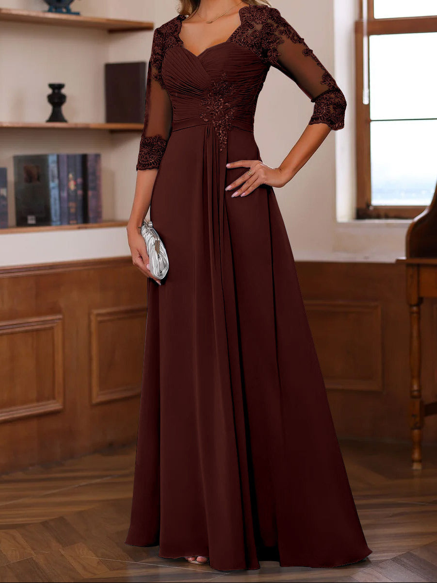 A-Line/Princess Sweetheart Neck 3/4 Length Sleeves Floor-Length Mother Of The Bride Dresses With Lace, Ruffles & Appliques