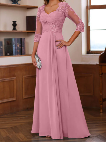 A-Line/Princess Sweetheart Neck 3/4 Length Sleeves Floor-Length Mother Of The Bride Dresses With Lace, Ruffles & Appliques