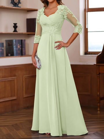 A-Line/Princess Sweetheart Neck 3/4 Length Sleeves Floor-Length Mother Of The Bride Dresses With Lace, Ruffles & Appliques