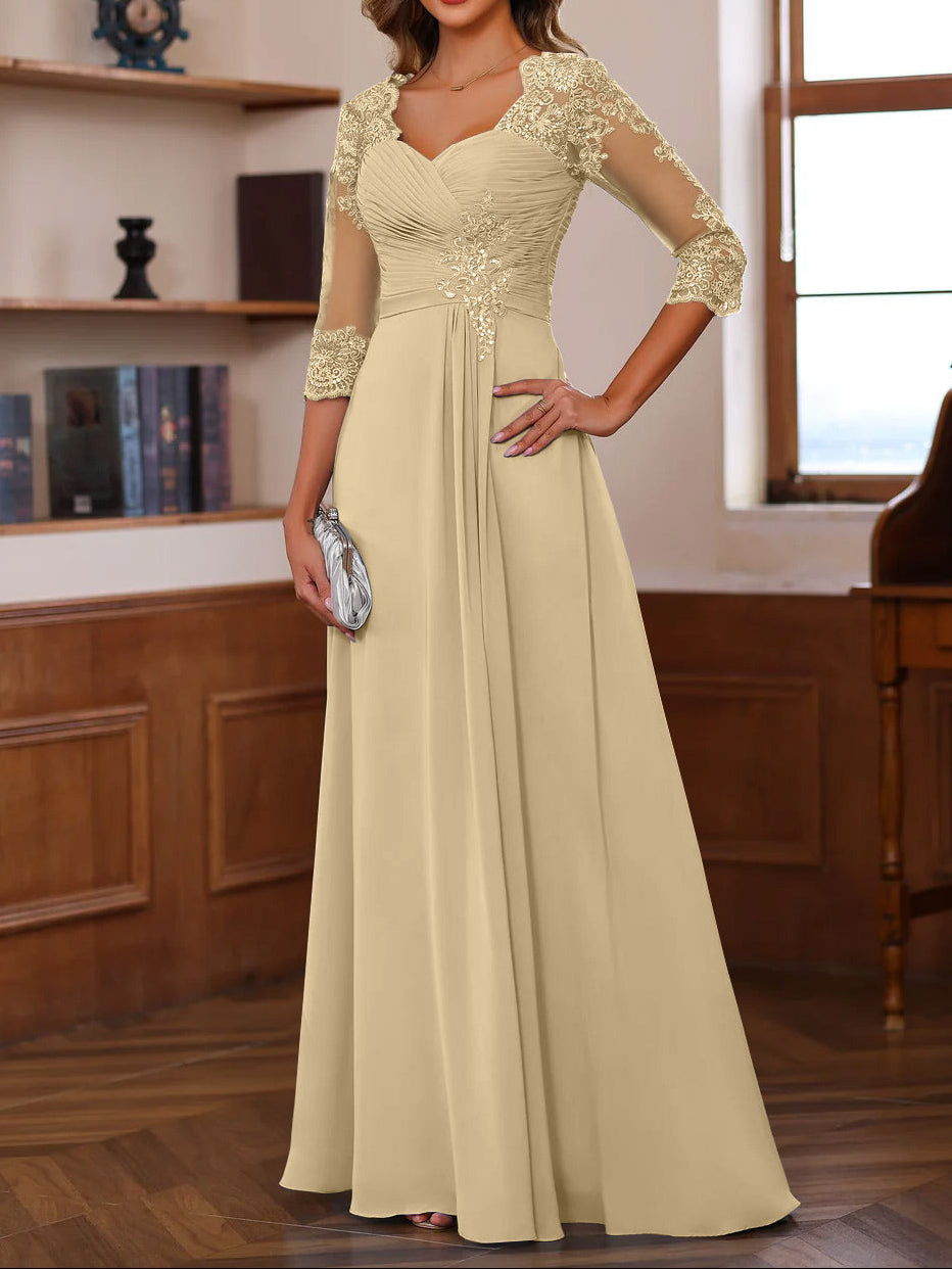 A-Line/Princess Sweetheart Neck 3/4 Length Sleeves Floor-Length Mother Of The Bride Dresses With Lace, Ruffles & Appliques