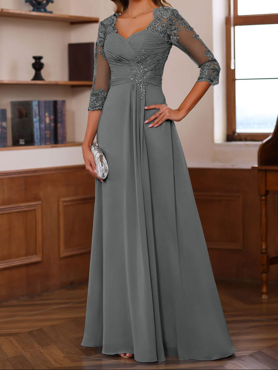 A-Line/Princess Sweetheart Neck 3/4 Length Sleeves Floor-Length Mother Of The Bride Dresses With Lace, Ruffles & Appliques