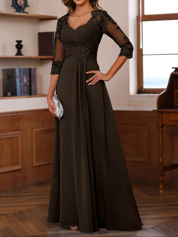 A-Line/Princess Sweetheart Neck 3/4 Length Sleeves Floor-Length Mother Of The Bride Dresses With Lace, Ruffles & Appliques