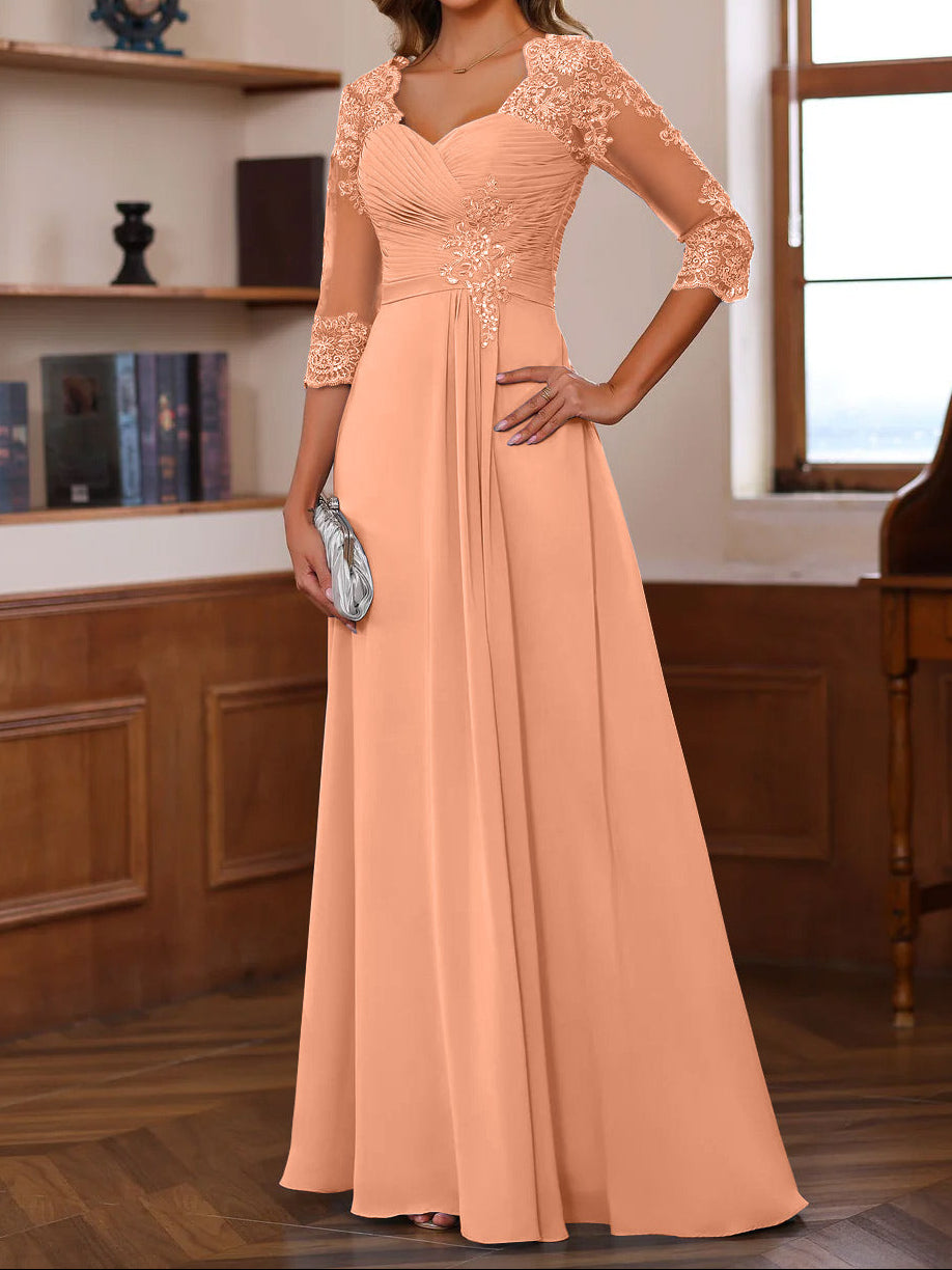 A-Line/Princess Sweetheart Neck 3/4 Length Sleeves Floor-Length Mother Of The Bride Dresses With Lace, Ruffles & Appliques