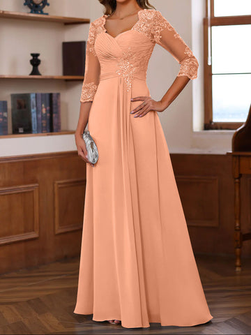 A-Line/Princess Sweetheart Neck 3/4 Length Sleeves Floor-Length Mother Of The Bride Dresses With Lace, Ruffles & Appliques