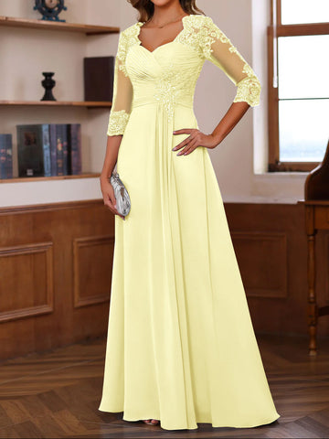 A-Line/Princess Sweetheart Neck 3/4 Length Sleeves Floor-Length Mother Of The Bride Dresses With Lace, Ruffles & Appliques