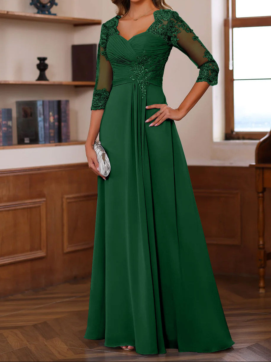 A-Line/Princess Sweetheart Neck 3/4 Length Sleeves Floor-Length Mother Of The Bride Dresses With Lace, Ruffles & Appliques