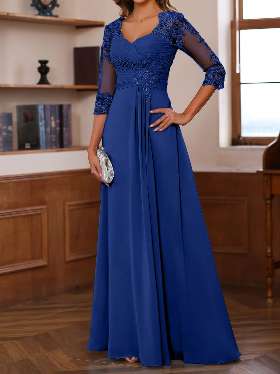 A-Line/Princess Sweetheart Neck 3/4 Length Sleeves Floor-Length Mother Of The Bride Dresses With Lace, Ruffles & Appliques
