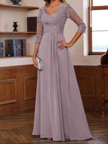 A-Line/Princess Sweetheart Neck 3/4 Length Sleeves Floor-Length Mother Of The Bride Dresses With Lace, Ruffles & Appliques