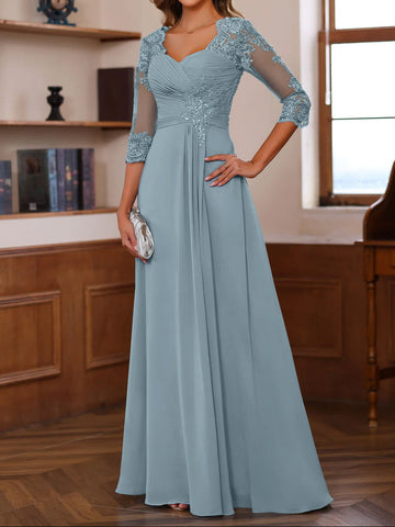 A-Line/Princess Sweetheart Neck 3/4 Length Sleeves Floor-Length Mother Of The Bride Dresses With Lace, Ruffles & Appliques