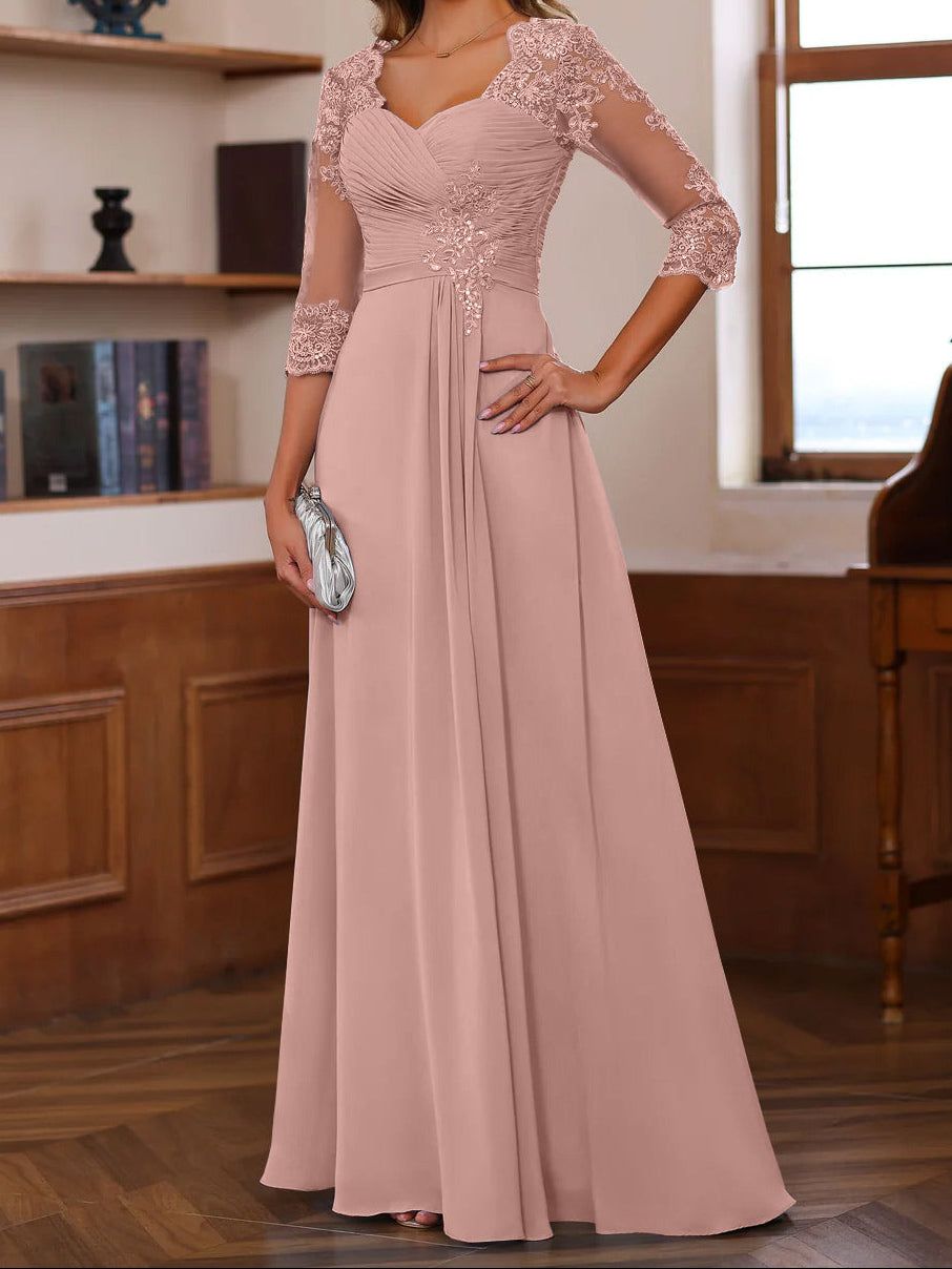 A-Line/Princess Sweetheart Neck 3/4 Length Sleeves Floor-Length Mother Of The Bride Dresses With Lace, Ruffles & Appliques