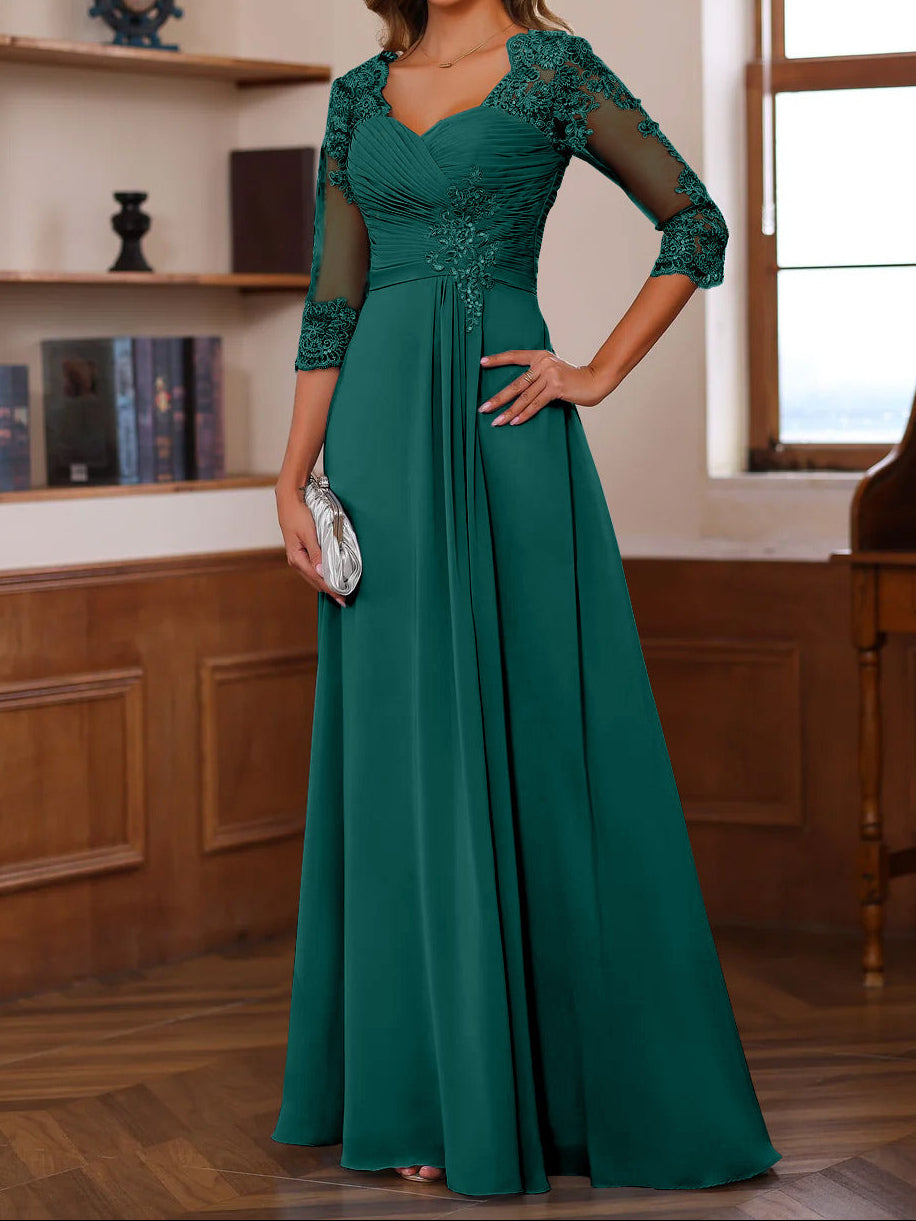 A-Line/Princess Sweetheart Neck 3/4 Length Sleeves Floor-Length Mother Of The Bride Dresses With Lace, Ruffles & Appliques