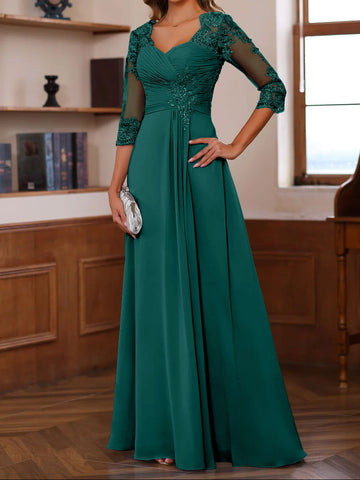 A-Line/Princess Sweetheart Neck 3/4 Length Sleeves Floor-Length Mother Of The Bride Dresses With Lace, Ruffles & Appliques
