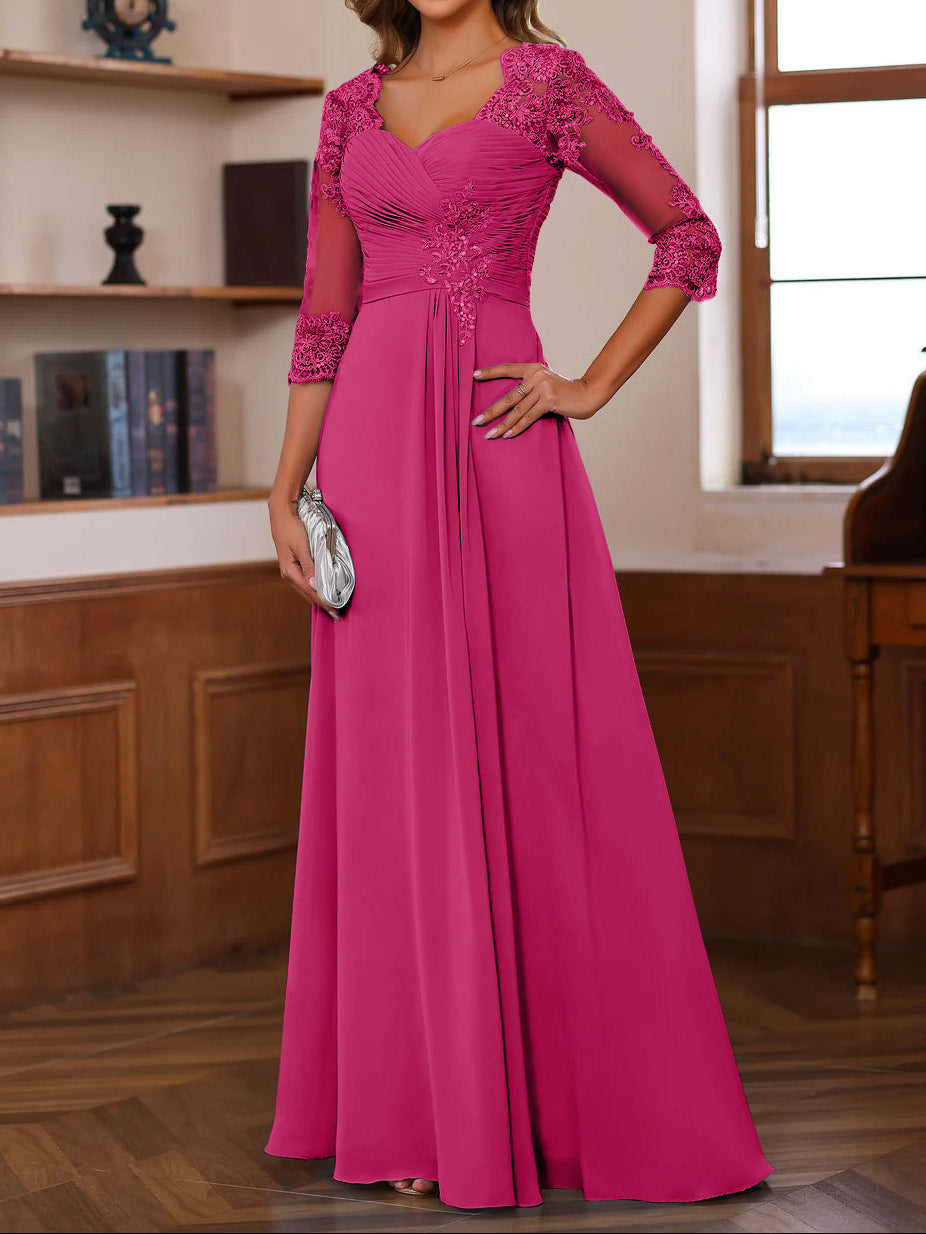 A-Line/Princess Sweetheart Neck 3/4 Length Sleeves Floor-Length Mother Of The Bride Dresses With Lace, Ruffles & Appliques