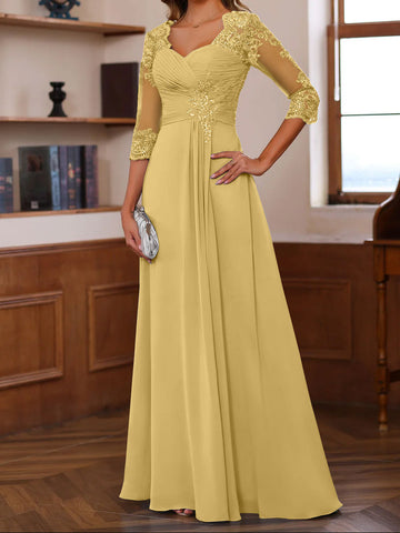 A-Line/Princess Sweetheart Neck 3/4 Length Sleeves Floor-Length Mother Of The Bride Dresses With Lace, Ruffles & Appliques