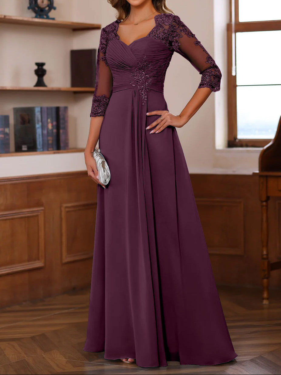 A-Line/Princess Sweetheart Neck 3/4 Length Sleeves Floor-Length Mother Of The Bride Dresses With Lace, Ruffles & Appliques