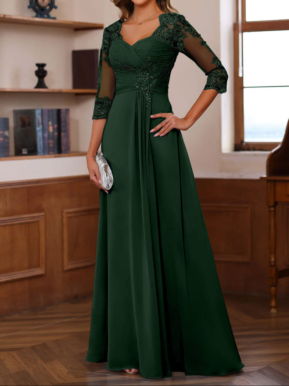 A-Line/Princess Sweetheart Neck 3/4 Length Sleeves Floor-Length Mother Of The Bride Dresses With Lace, Ruffles & Appliques