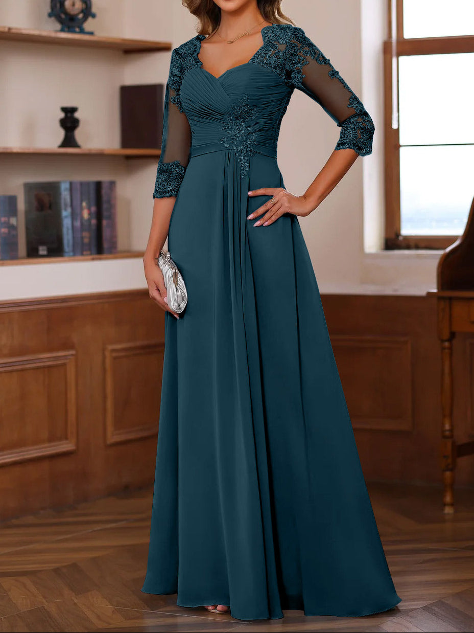 A-Line/Princess Sweetheart Neck 3/4 Length Sleeves Floor-Length Mother Of The Bride Dresses With Lace, Ruffles & Appliques