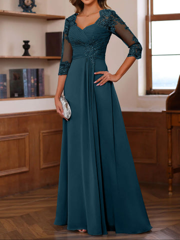 A-Line/Princess Sweetheart Neck 3/4 Length Sleeves Floor-Length Mother Of The Bride Dresses With Lace, Ruffles & Appliques