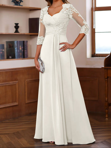 A-Line/Princess Sweetheart Neck 3/4 Length Sleeves Floor-Length Mother Of The Bride Dresses With Lace, Ruffles & Appliques