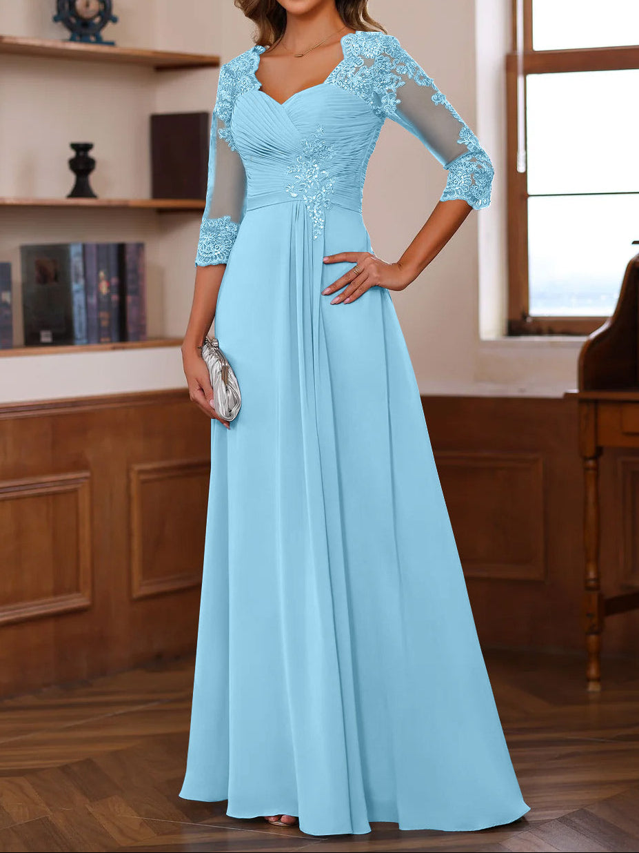 A-Line/Princess Sweetheart Neck 3/4 Length Sleeves Floor-Length Mother Of The Bride Dresses With Lace, Ruffles & Appliques