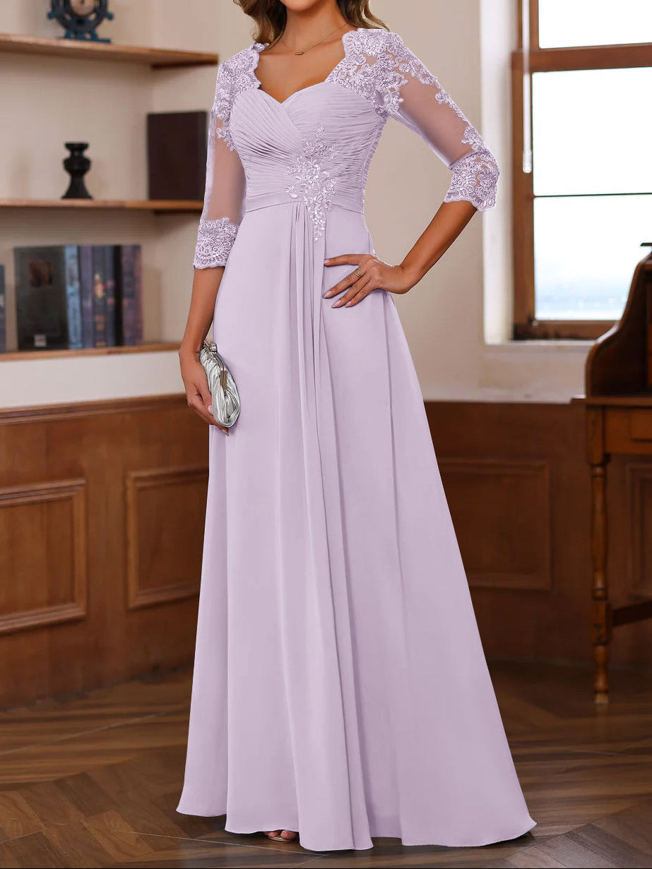 A-Line/Princess Sweetheart Neck 3/4 Length Sleeves Floor-Length Mother Of The Bride Dresses With Lace, Ruffles & Appliques