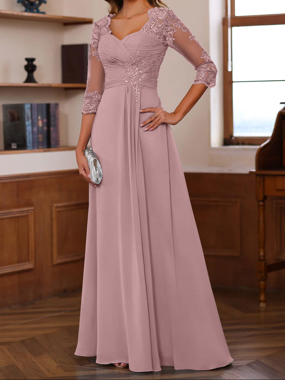 A-Line/Princess Sweetheart Neck 3/4 Length Sleeves Floor-Length Mother Of The Bride Dresses With Lace, Ruffles & Appliques