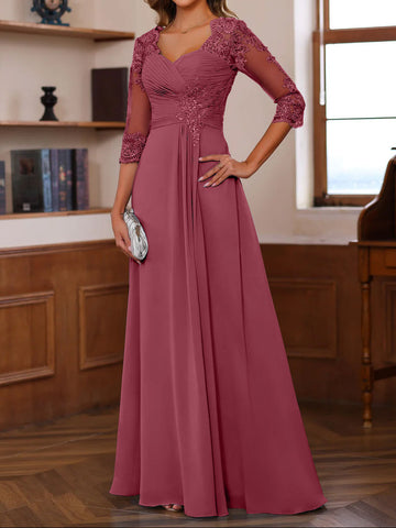 A-Line/Princess Sweetheart Neck 3/4 Length Sleeves Floor-Length Mother Of The Bride Dresses With Lace, Ruffles & Appliques