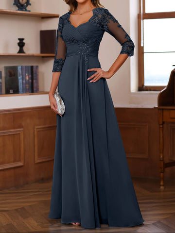 A-Line/Princess Sweetheart Neck 3/4 Length Sleeves Floor-Length Mother Of The Bride Dresses With Lace, Ruffles & Appliques