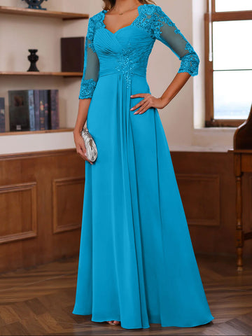 A-Line/Princess Sweetheart Neck 3/4 Length Sleeves Floor-Length Mother Of The Bride Dresses With Lace, Ruffles & Appliques