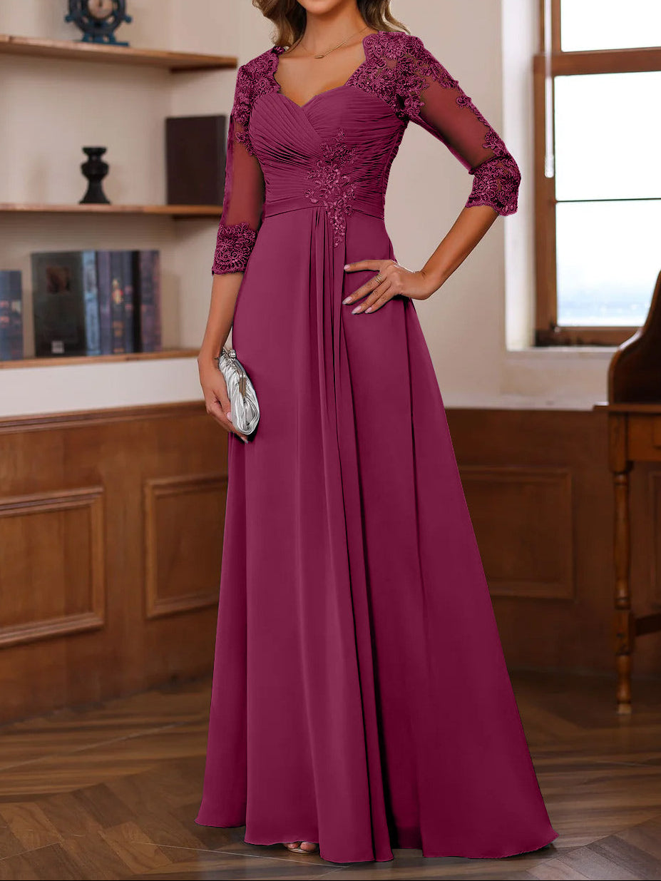 A-Line/Princess Sweetheart Neck 3/4 Length Sleeves Floor-Length Mother Of The Bride Dresses With Lace, Ruffles & Appliques