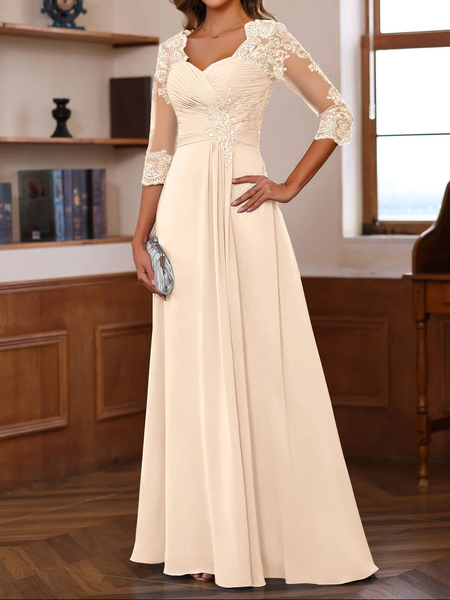 A-Line/Princess Sweetheart Neck 3/4 Length Sleeves Floor-Length Mother Of The Bride Dresses With Lace, Ruffles & Appliques