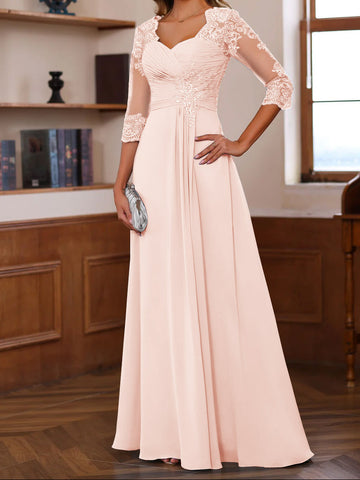 A-Line/Princess Sweetheart Neck 3/4 Length Sleeves Floor-Length Mother Of The Bride Dresses With Lace, Ruffles & Appliques
