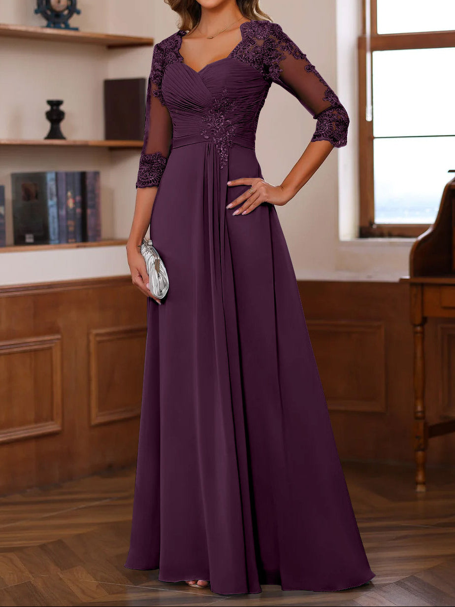 A-Line/Princess Sweetheart Neck 3/4 Length Sleeves Floor-Length Mother Of The Bride Dresses With Lace, Ruffles & Appliques