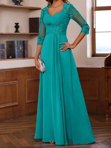 A-Line/Princess Sweetheart Neck 3/4 Length Sleeves Floor-Length Mother Of The Bride Dresses With Lace, Ruffles & Appliques