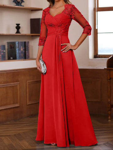 A-Line/Princess Sweetheart Neck 3/4 Length Sleeves Floor-Length Mother Of The Bride Dresses With Lace, Ruffles & Appliques