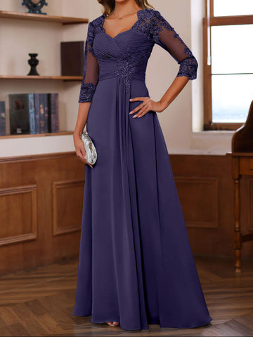 A-Line/Princess Sweetheart Neck 3/4 Length Sleeves Floor-Length Mother Of The Bride Dresses With Lace, Ruffles & Appliques